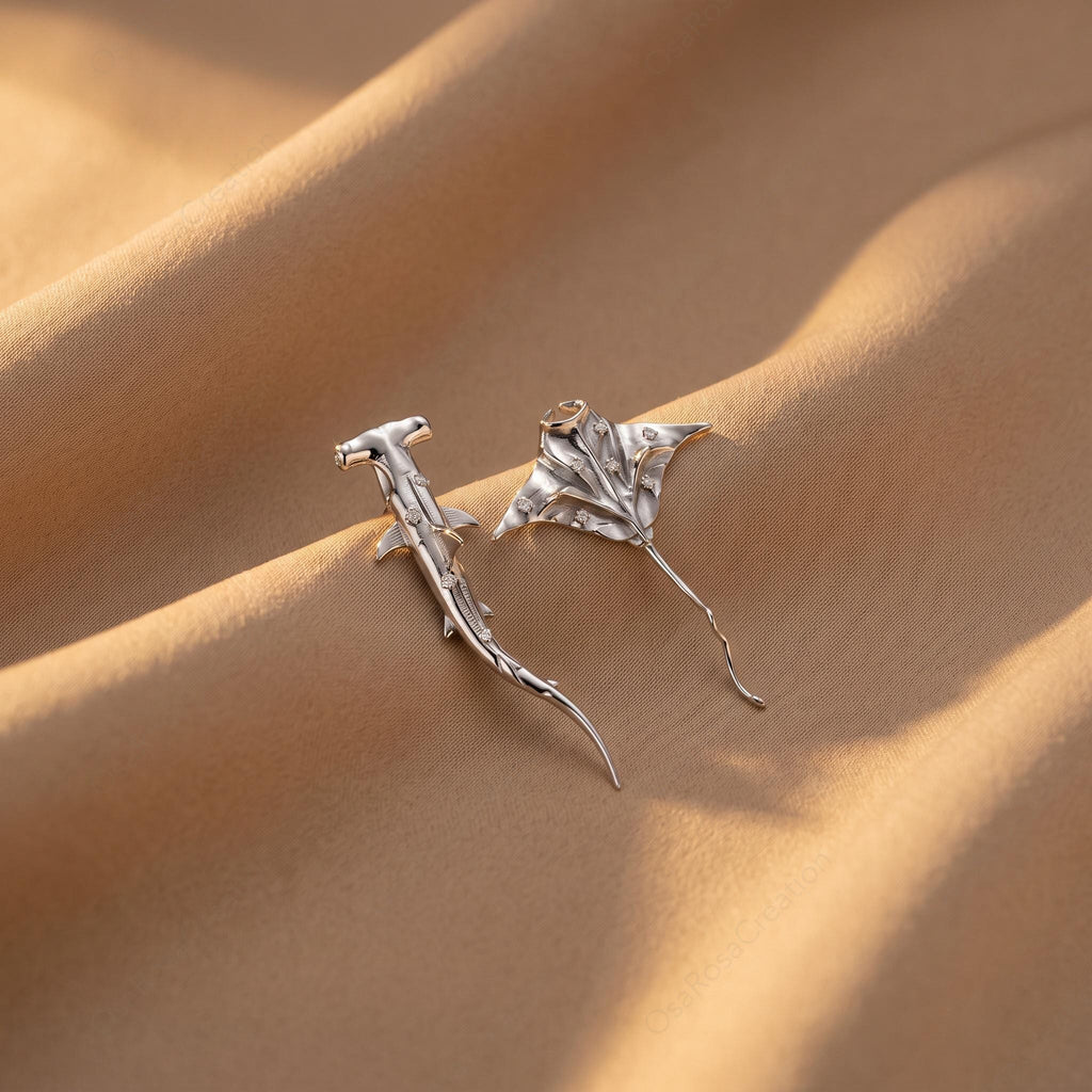 Sculptural Manta Ray Earrings, Platinum-Plated Brass Marine Jewelry