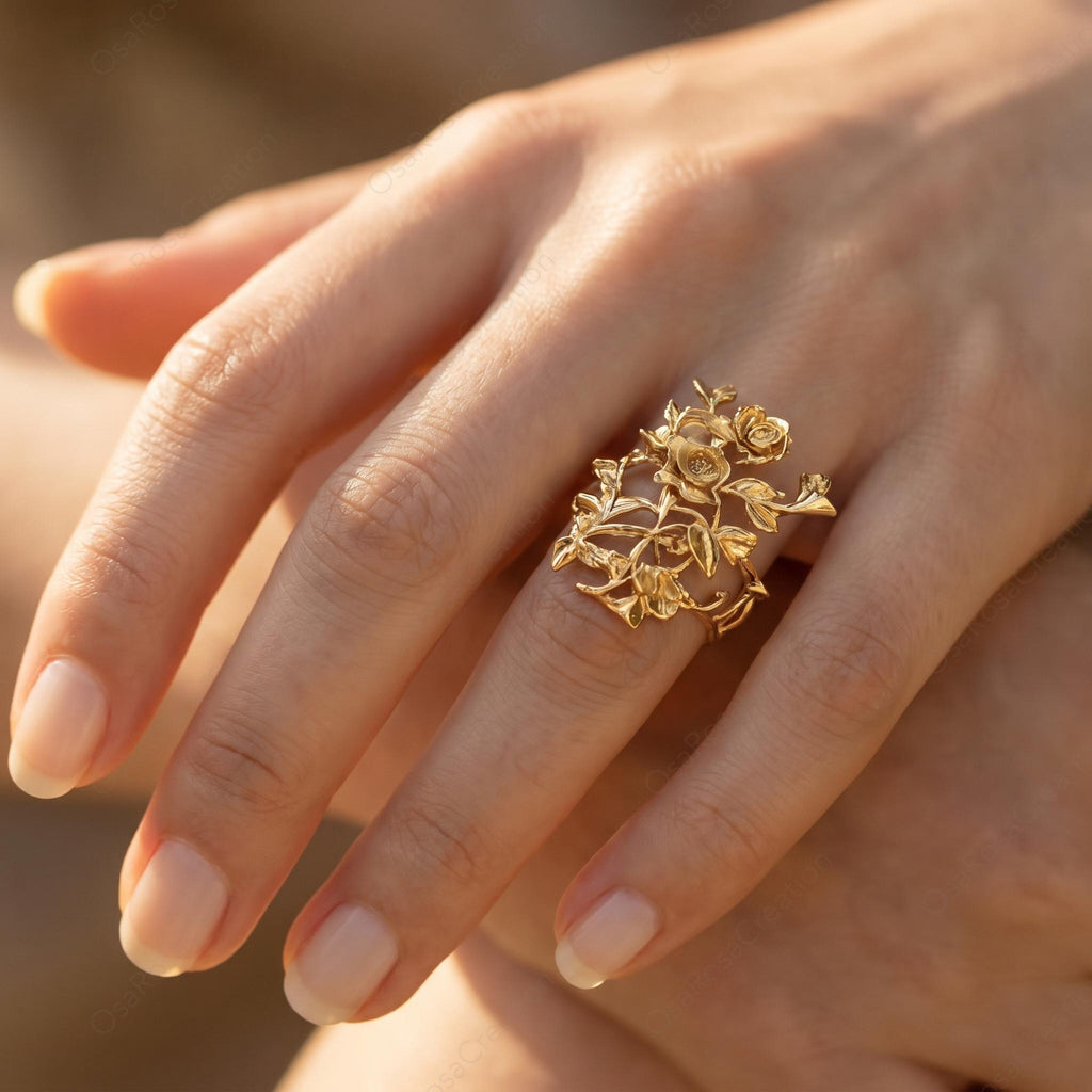 Rose Adjustable Ring Gold Floral Design | Open Botanical Ring Baroque Style | Elegant Flower Ring for Women