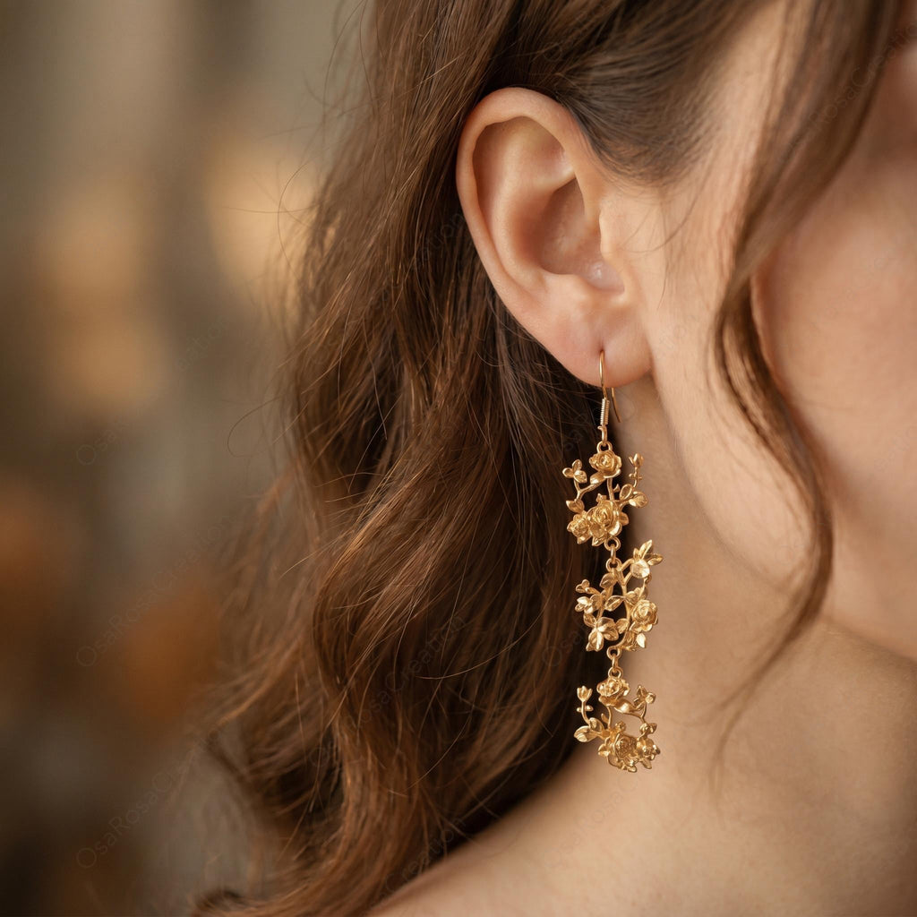 Handcrafted Floral Gold Earrings | 925 Silver Hook or Clip | Vintage Flower Dangle Earring| Christmas gift