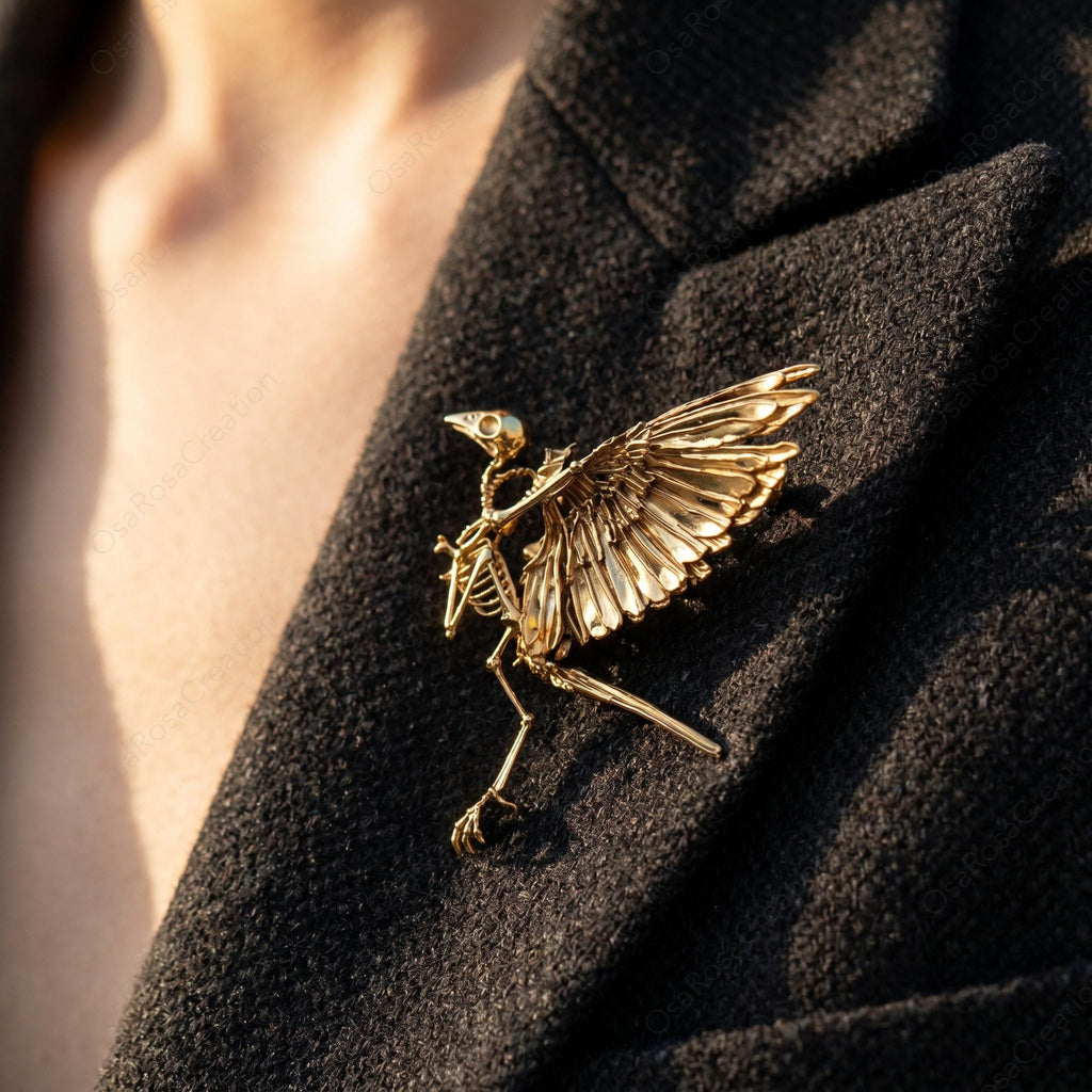Gold Bird Skeleton Brooches, Anatomical Bird Jewelry, Dark Academia Accessories, Sculptural Wing Brooches, Gothic Nature Inspired