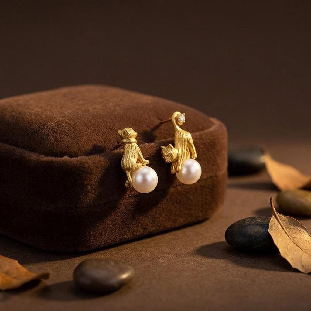 Textured Gold Cat Pearl Earrings • Playful Kitten Studs, Mismatched Animal Jewelry