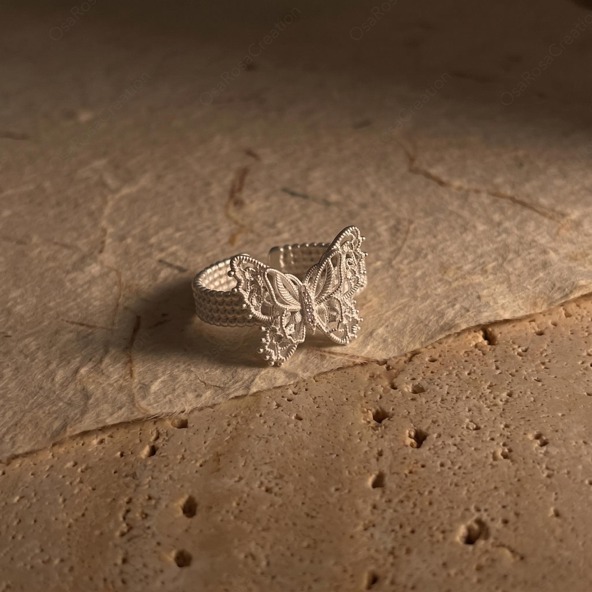 Silver Filigree Butterfly Ring, Lace Openwork Insect Jewelry, Vintage Style Beaded Band Ring, Adjustable Statement Ring, Gift for Her