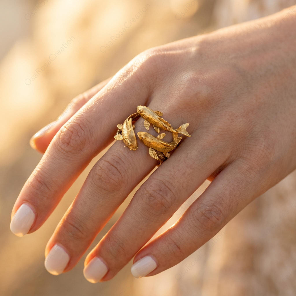 Gold Koi Fish Wrap Ring, Sculptural Double Fish Statement Jewelry, Nature Inspired Charm