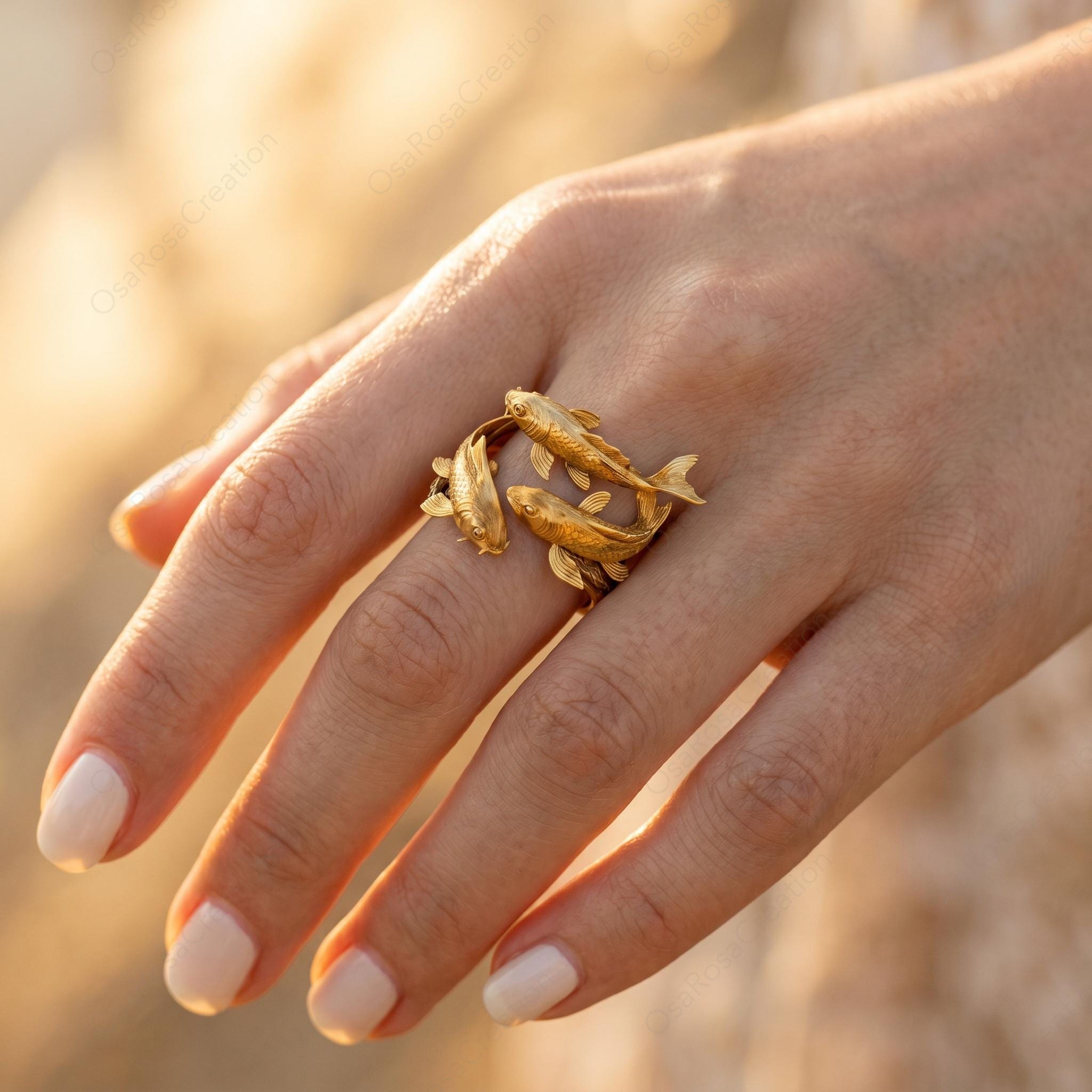 Gold Koi Fish Wrap Ring, Sculptural Double Fish Statement Jewelry, Nature Inspired Charm