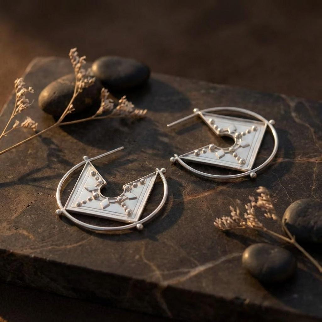 Matte Silver Geometric Hoop Earrings • Tribal Square Shield Studs • Brutalist Jewelry