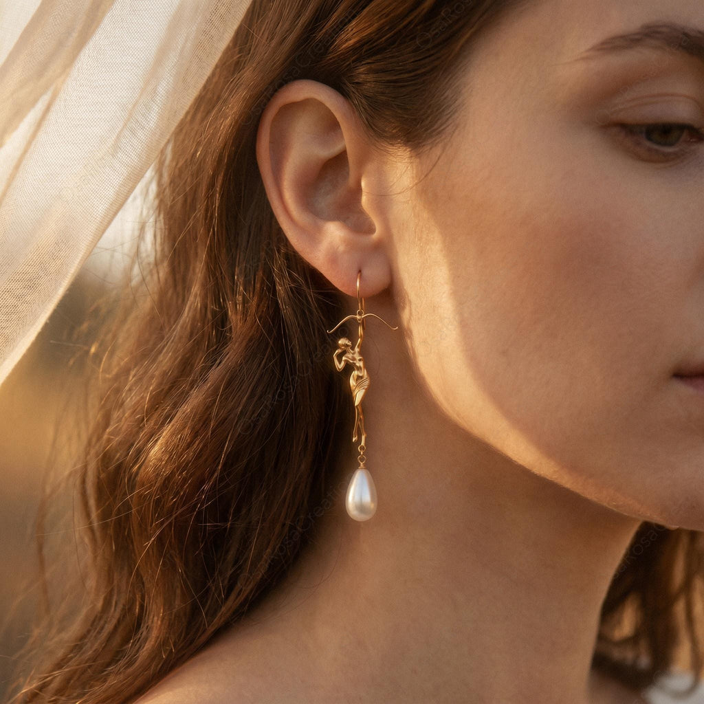 Sagittarius Earrings, Gold Archer Pearl Drop Earrings, Zodiac Statement Earrings, Sculptural Figure Jewelry