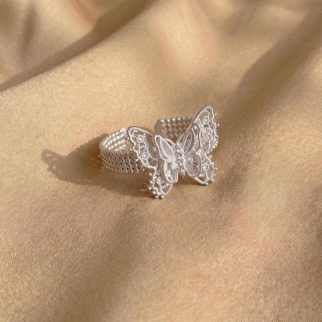 Silver Filigree Butterfly Ring, Lace Openwork Insect Jewelry, Vintage Style Beaded Band Ring, Adjustable Statement Ring, Gift for Her