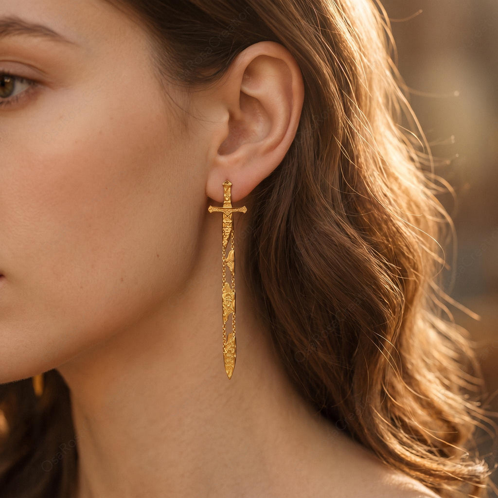 Gold Sword Drop Earrings, Sculptural Dagger Dangle Earrings, Medieval Inspired Jewelry, Edgy Statement Earrings, Unique Gift for Her