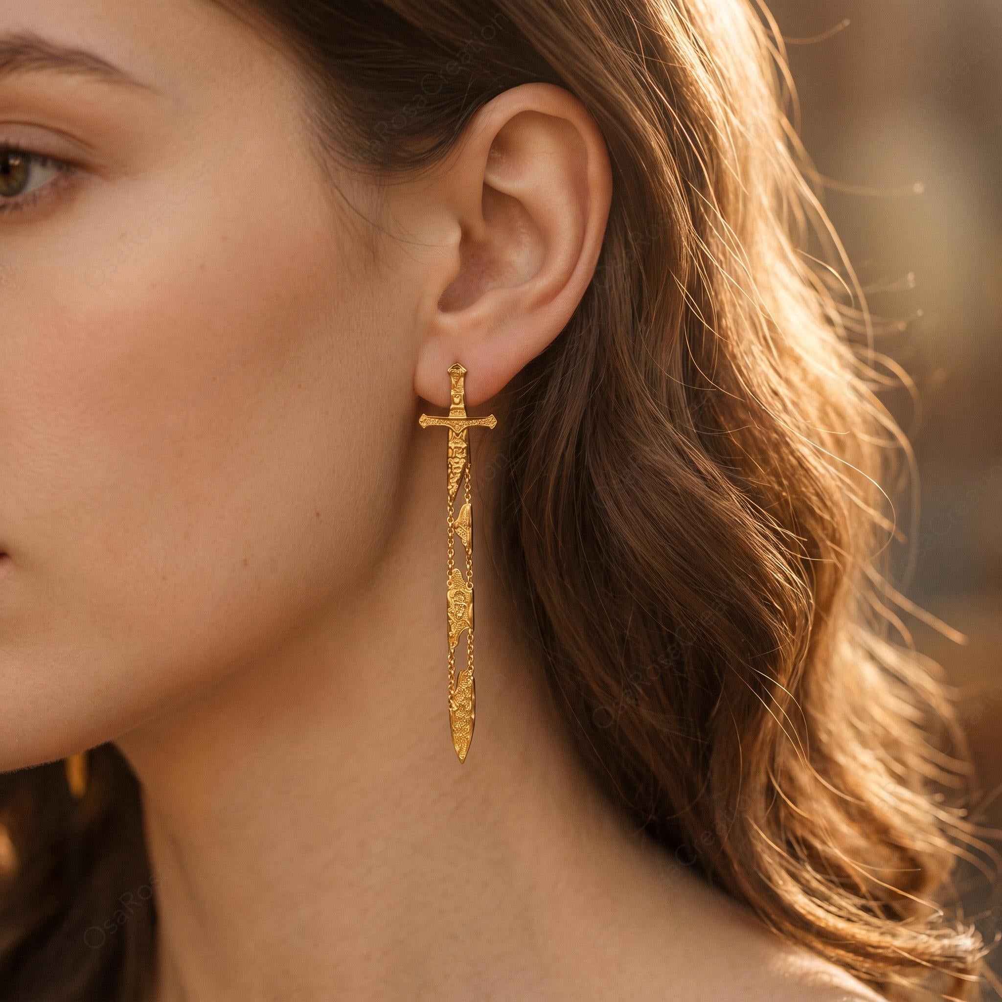 Gold Sword Drop Earrings, Sculptural Dagger Dangle Earrings, Medieval Inspired Jewelry, Edgy Statement Earrings, Unique Gift for Her