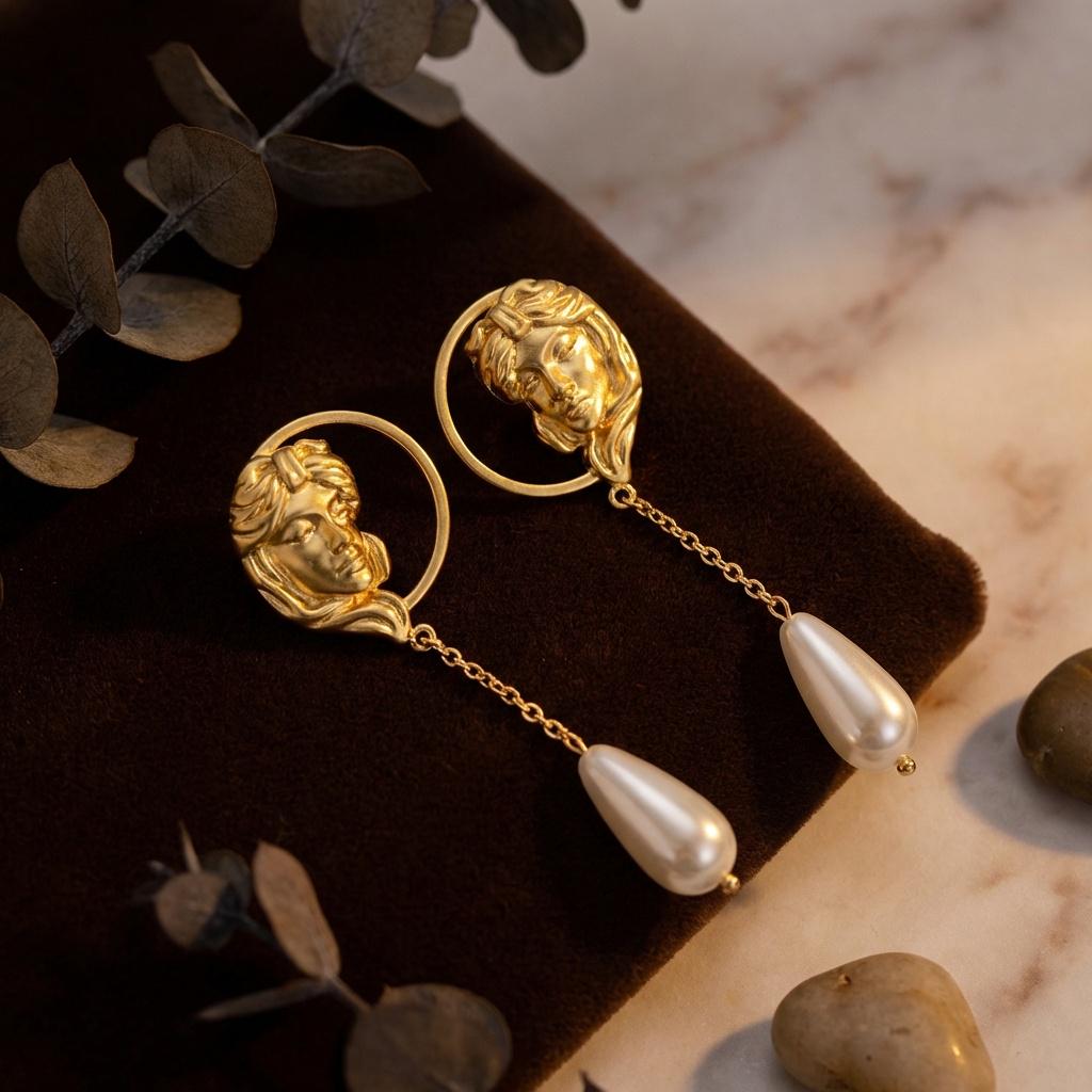 Aphrodite Goddess Earrings • 18k Gold Coin & Teardrop Pearl