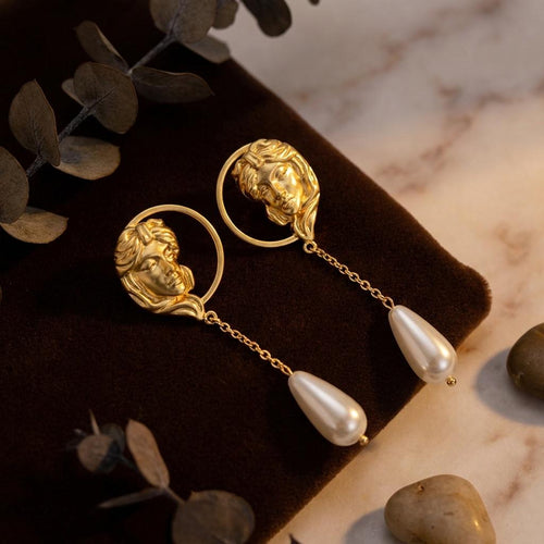 Aphrodite Goddess Earrings • 18k Gold Coin & Teardrop Pearl