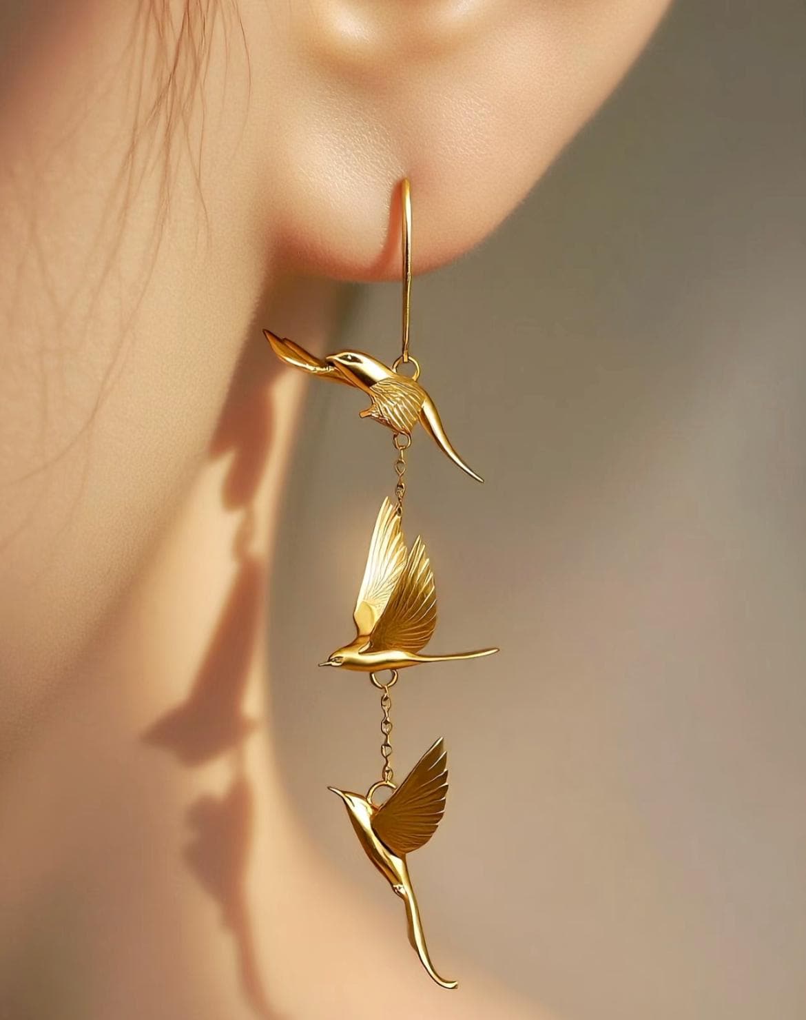 Golden Lark Dangle Earrings | 925 Sterling Silver Hooks | Bird-Inspired Long Earrings | Nature Jewelry Gift for Her | Lightweight Statement