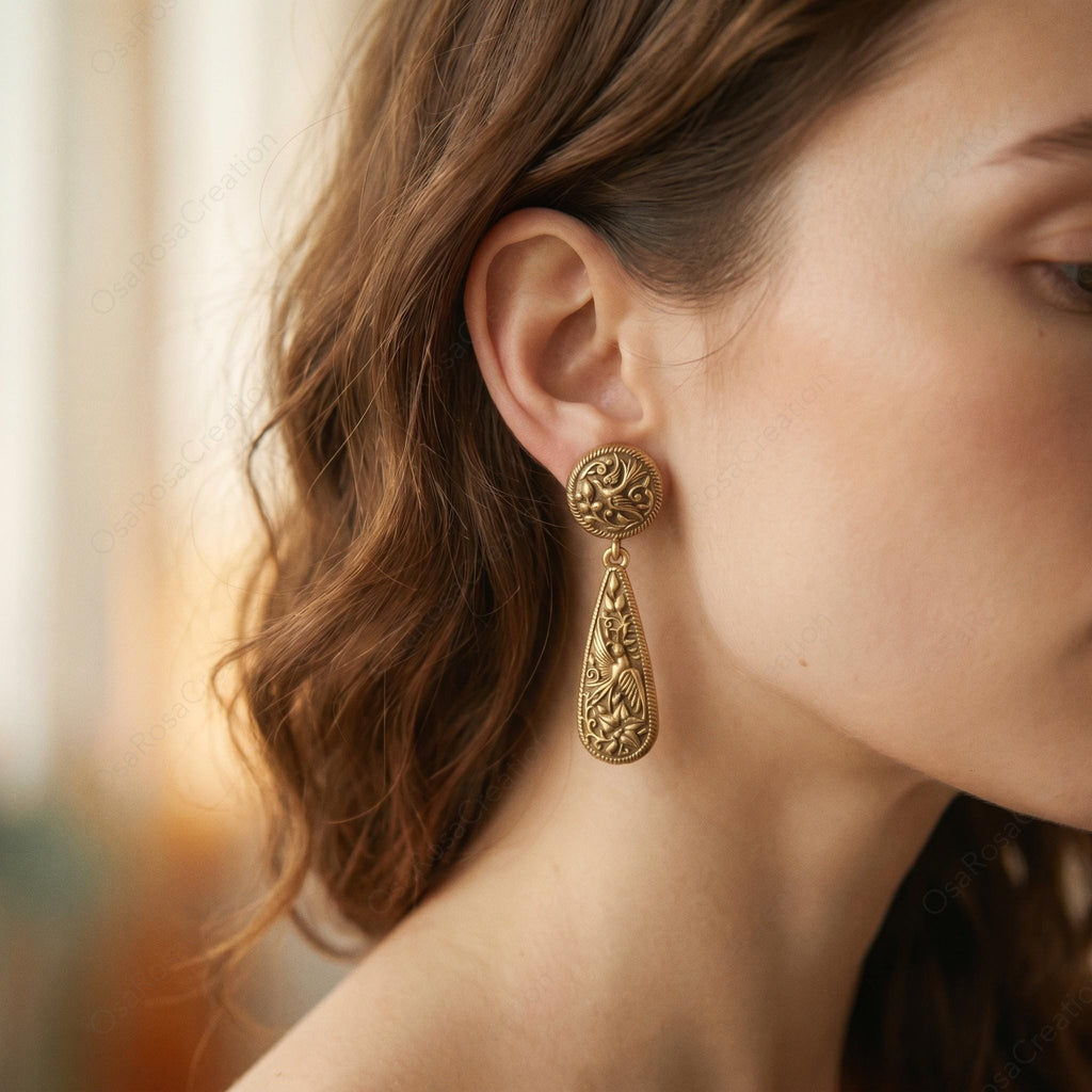 Gold-Plated Brass Botanical Teardrop Earrings, Victorian Embossed Dangle Jewelry