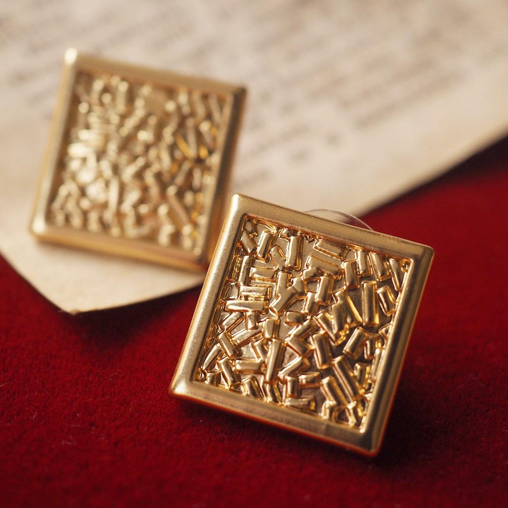 Gold Square Stud Earrings, Textured Geometric Jewelry, 925 Silver Post