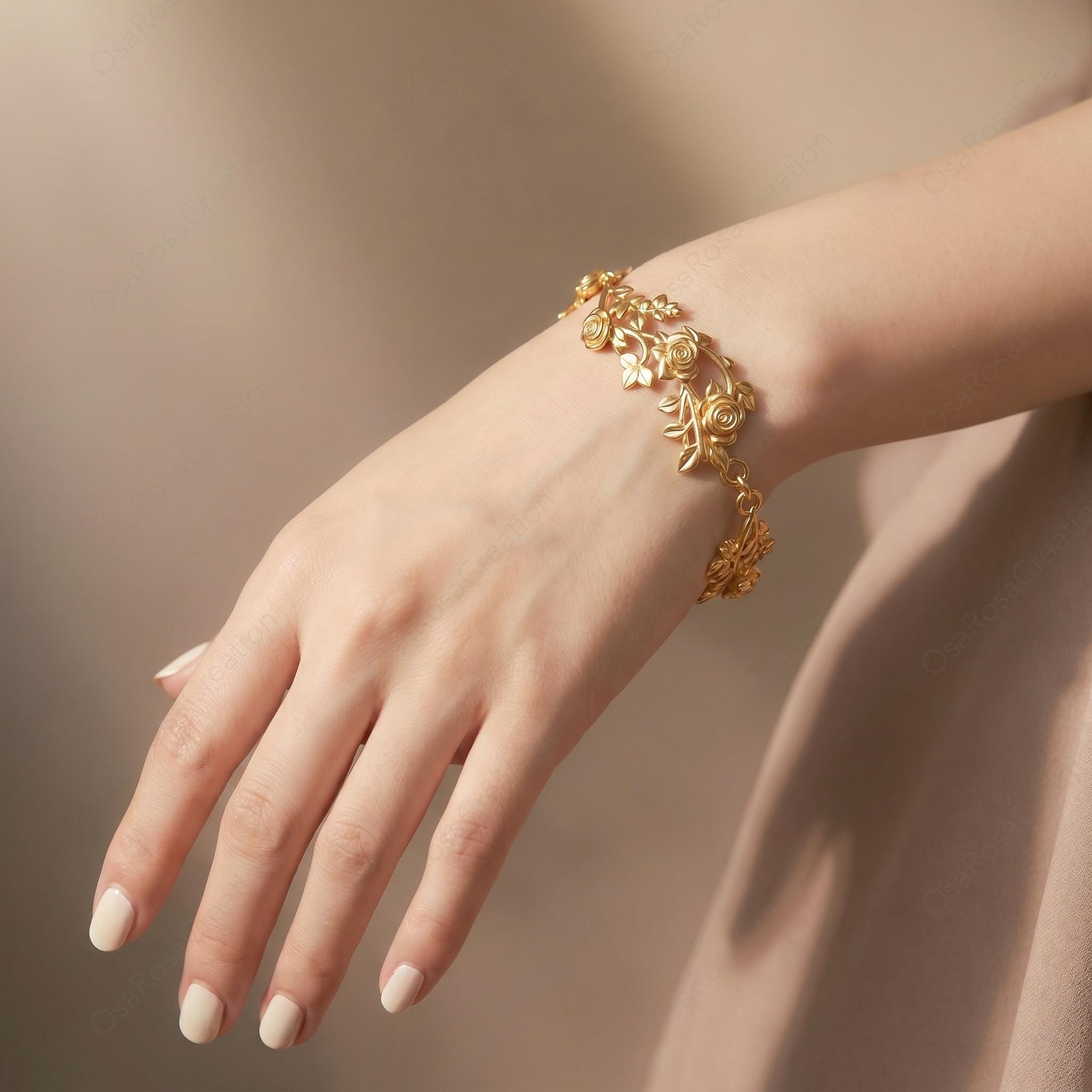 18k Gold Plated Rose Vine Bracelet • Art Nouveau Floral Cuff