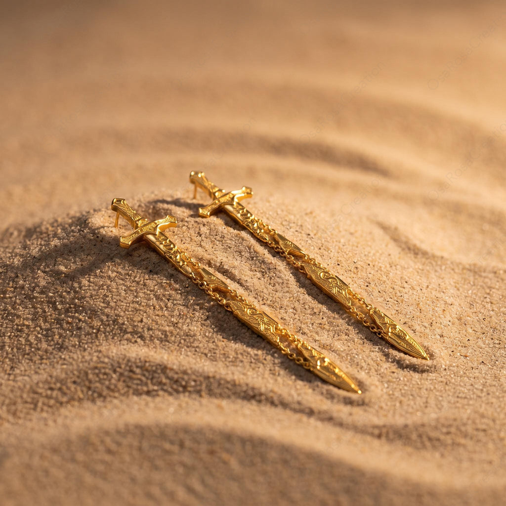 Gold Sword Drop Earrings, Sculptural Dagger Dangle Earrings, Medieval Inspired Jewelry, Edgy Statement Earrings, Unique Gift for Her