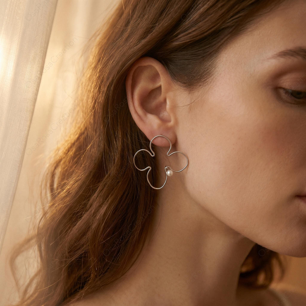 Minimalist Silver Wire Flower Earrings | Abstract Floral Hoop with Pearl Drop | Artistic Botanical Jewelry