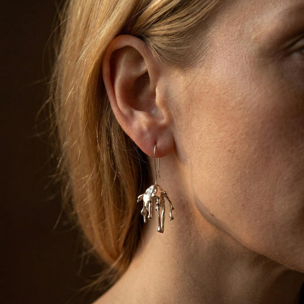 Molten Liquid Metal Dangle Earrings – Surrealist Sterling Silver Drop Jewelry