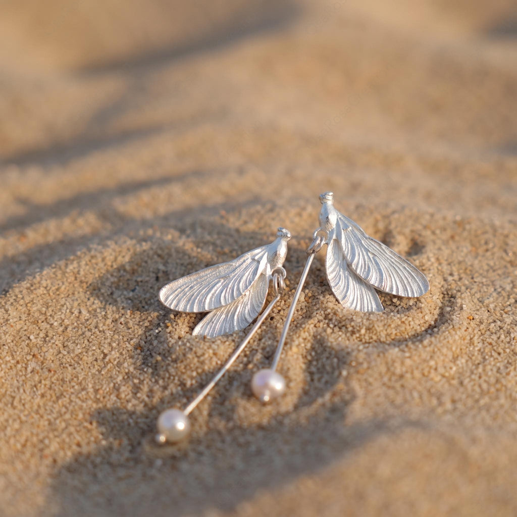 Silver Dragonfly Pearl Drop Earrings, Nature Inspired Bridal Jewelry