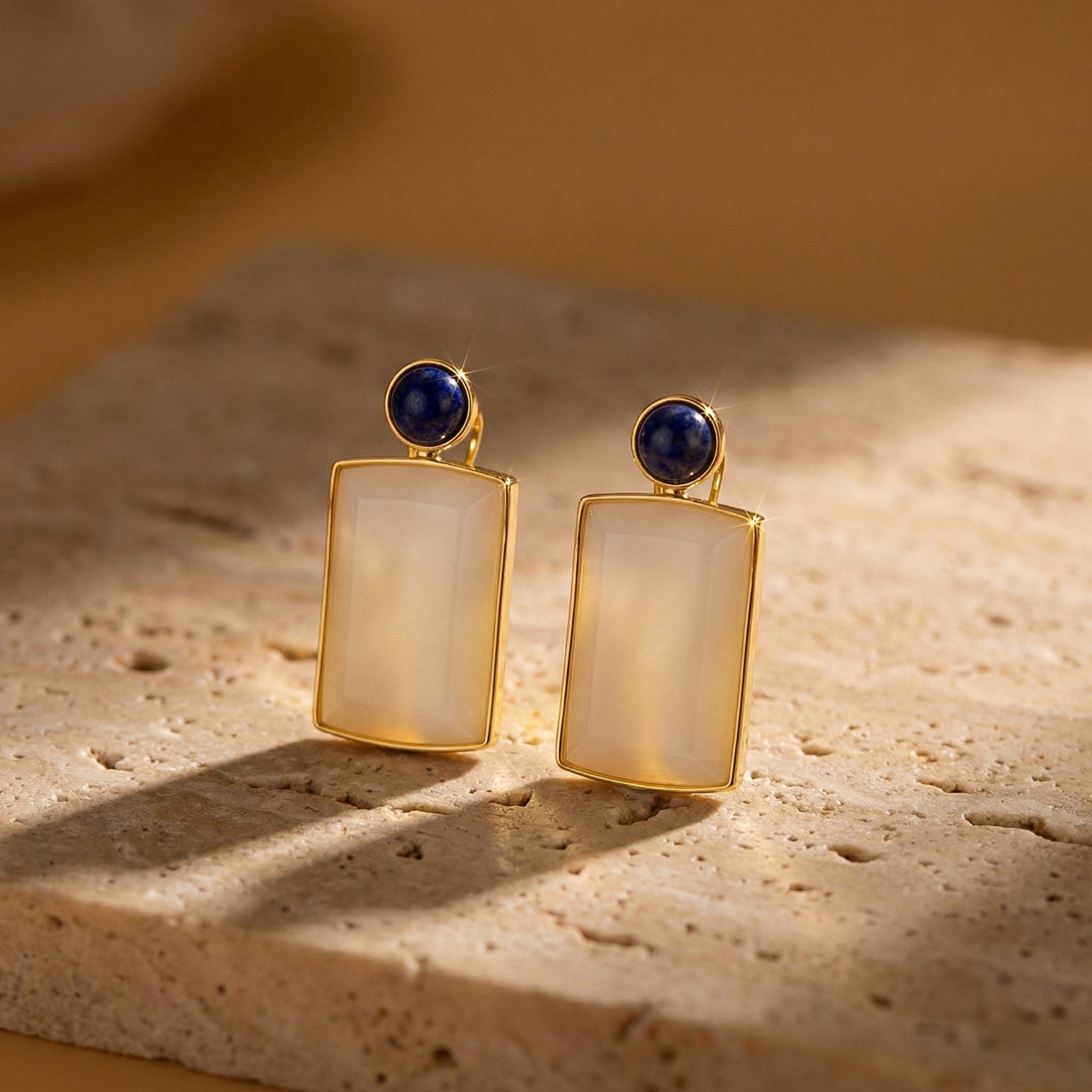 Art Deco Mother of Pearl Lapis Lazuli Earrings – 18K Gold Plated Sterling Silver Drops