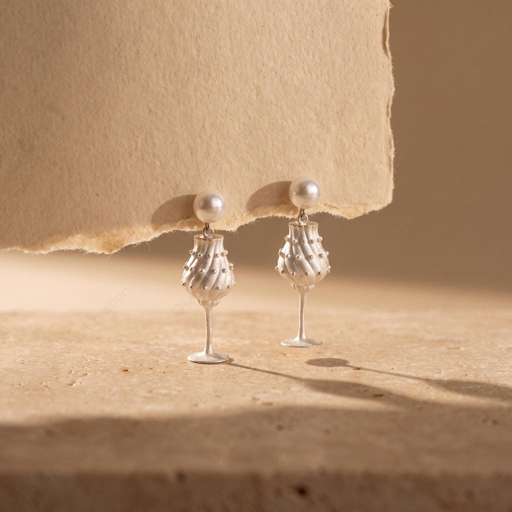 Sculptural Silver Goblet Earrings with Pearl, Vintage Inspired Whimsical Jewelry