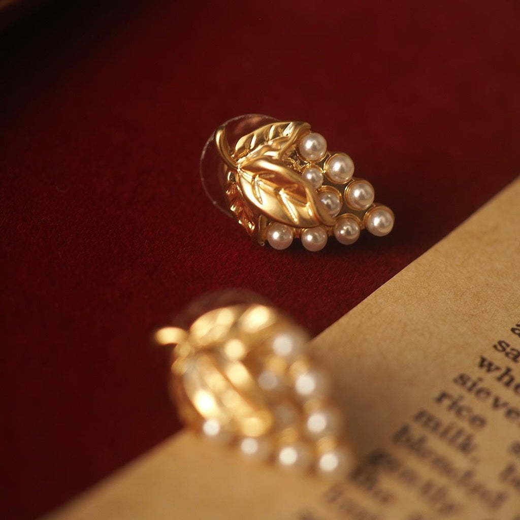 Gold Grape Pearl Stud Earrings, Vintage Botanical Dionysus Jewelry