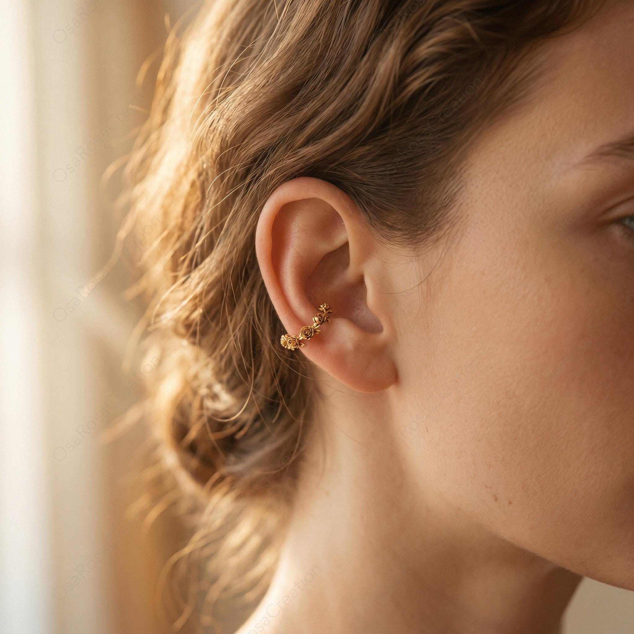Vintage Botanical Sculpted Floral Ear Cuff - Gold-Plated Brass Rose Jewelry