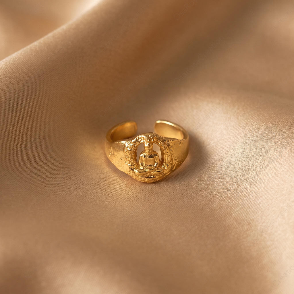 Gold Buddha Ring, Sculptural Zen Meditation Jewelry, Hollow Out Statement Ring