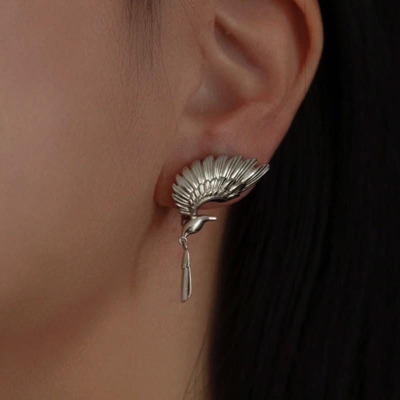 Silver Wing Earrings, Myth Inspired Dangle Ear Cuff