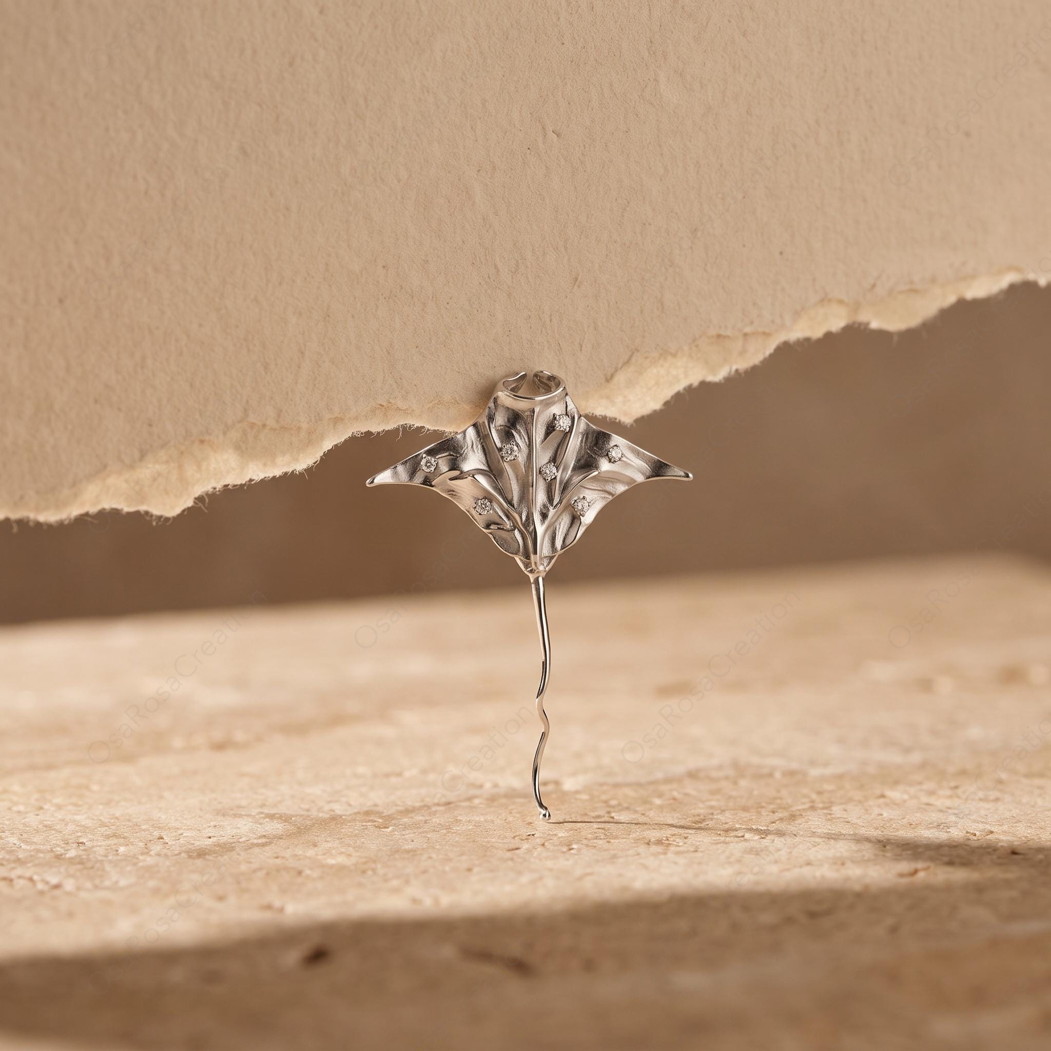 Sculptural Manta Ray Earrings, Platinum-Plated Brass Marine Jewelry