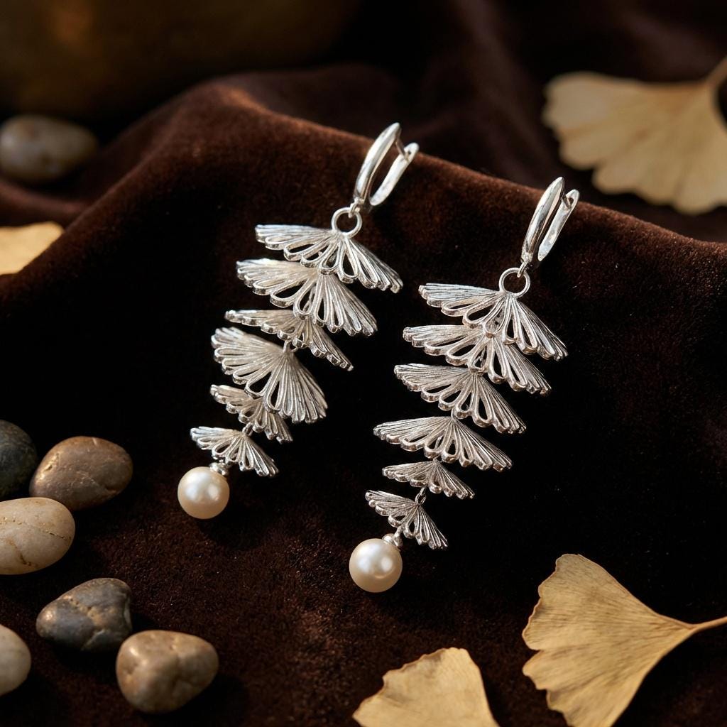 Matte Silver Ginkgo Leaf Earrings • Art Deco Pearl Duster