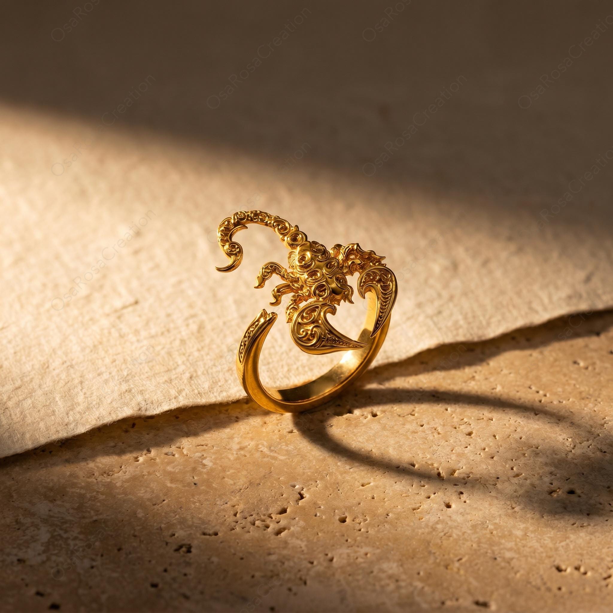 Gold Scorpion Ring, Baroque Engraved Animal Statement Jewelry, Adjustable Talisman Band