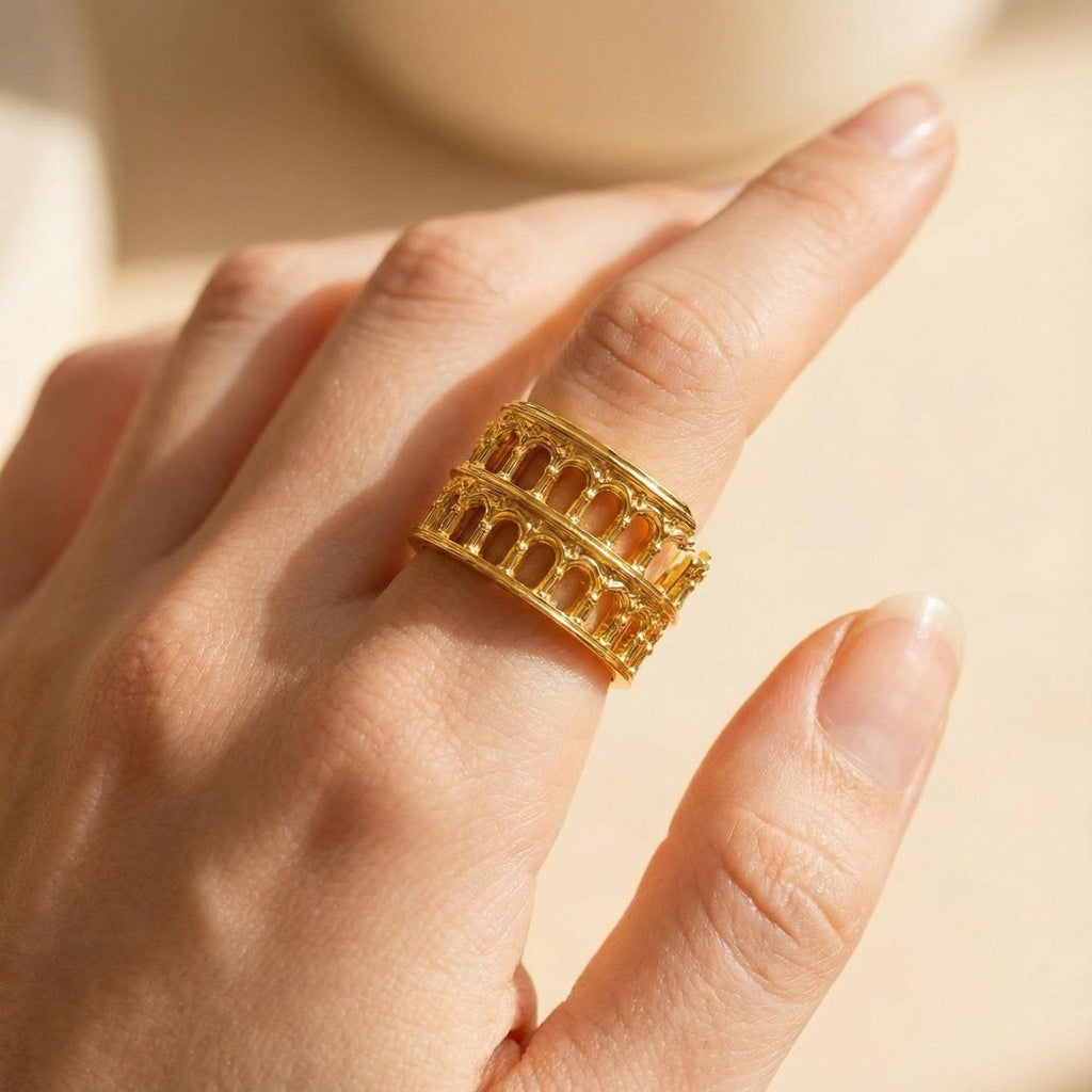 Roman Colosseum Adjustable Ring Gold Architecture Design | Open Statement Ring Museum Style