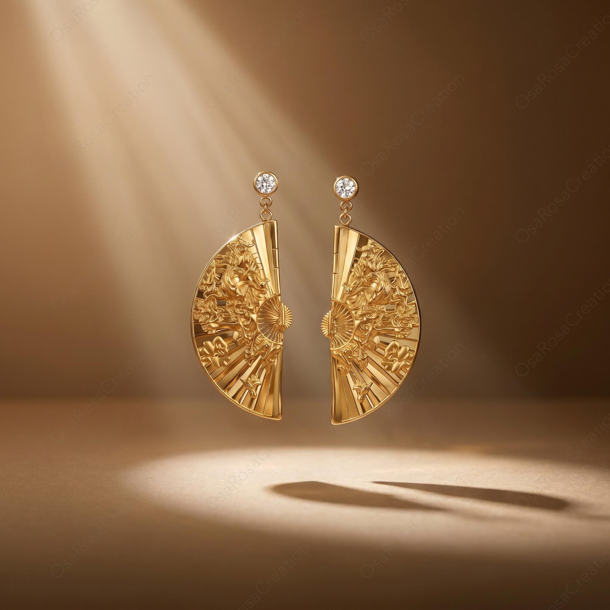 Gold Fan Earrings, Engraved Art Deco Statement Dangle Jewelry