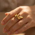 Gold Butterfly Ring, Art Nouveau Insect Jewelry, Botanical Filigree Statement Ring