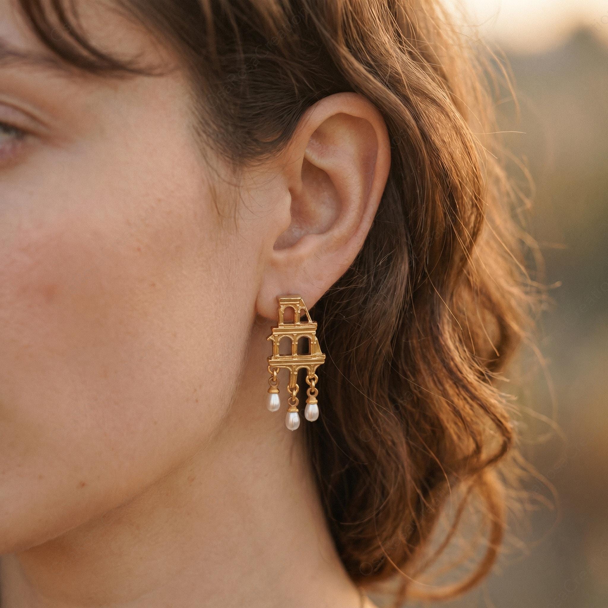 Gold Colosseum Earrings | Roman Architecture Pearl Dangle Earrings | Ancient History Jewelry | Statement Earrings | Gift for Her