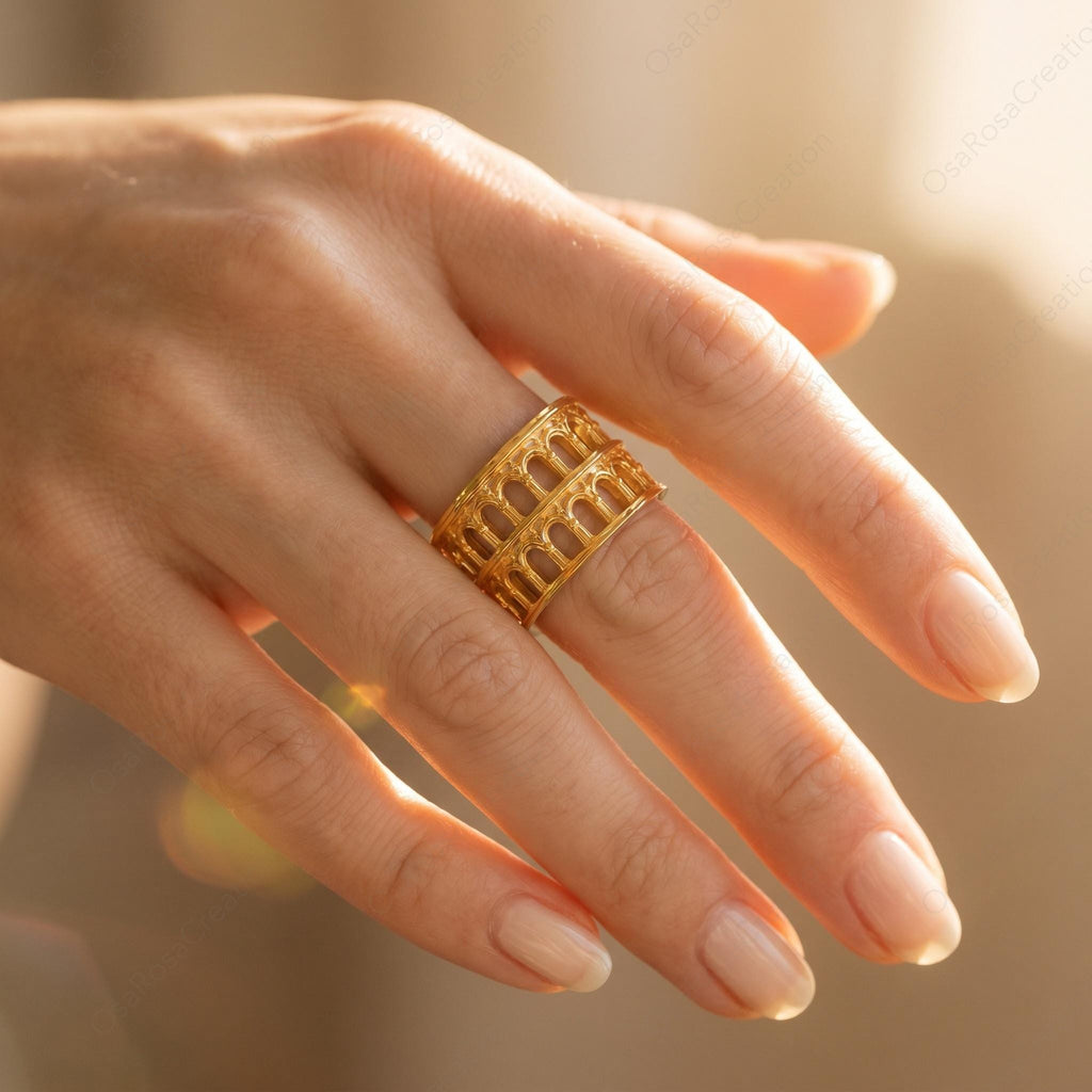 Roman Colosseum Adjustable Ring Gold Architecture Design | Open Statement Ring Museum Style