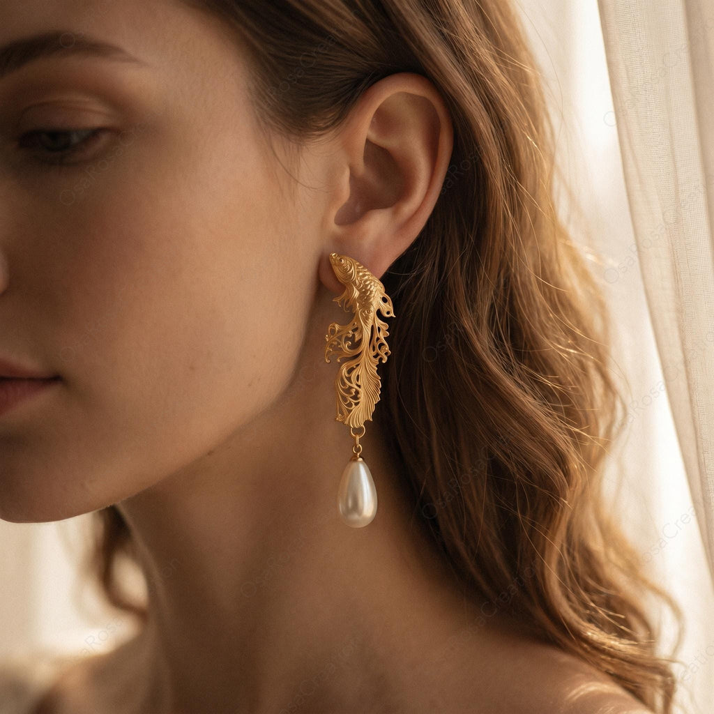 Pisces Zodiac Earrings | Gold Fish Dangle with Pearl