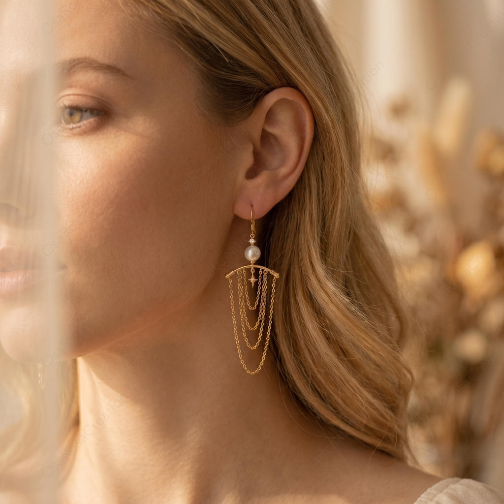 Pearl Star Dangle Earrings • 18k Gold Celestial Chain Fringe