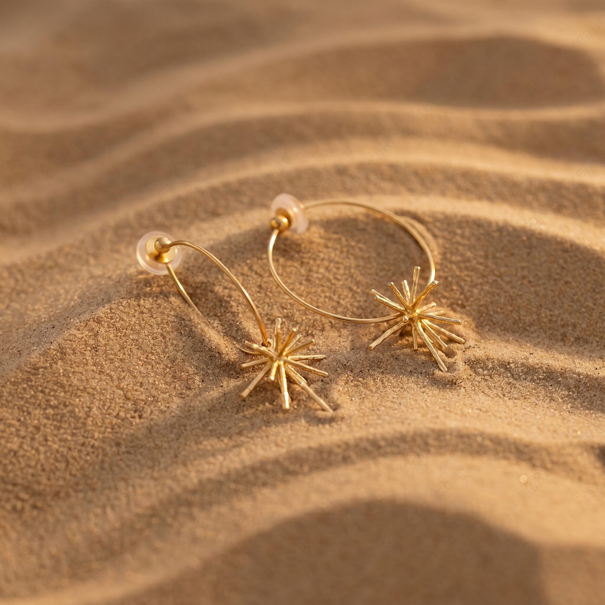 Hammered Gold Sunburst Hoop Earrings, Celestial Starburst Dangle Jewelry