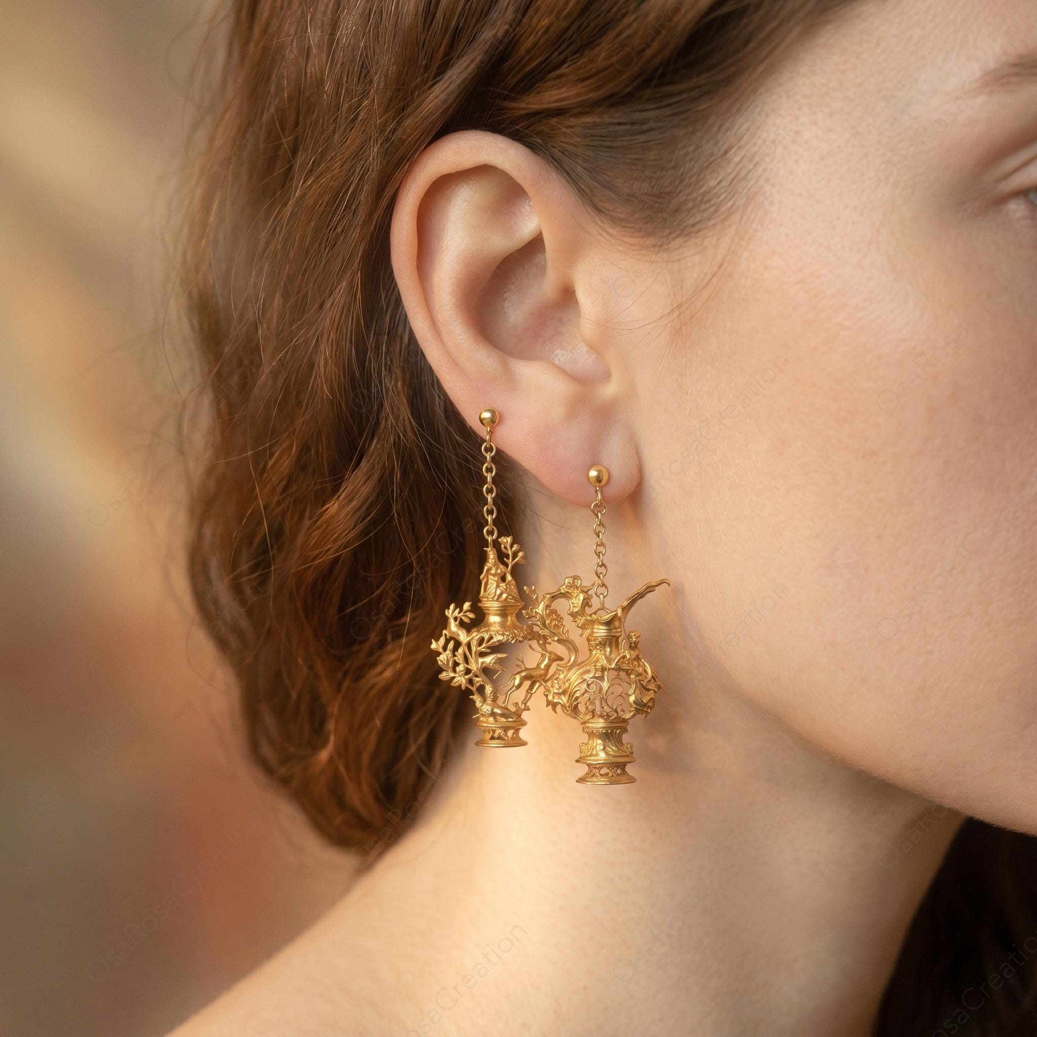 Aquarius Zodiac Earrings Baroque Style | Gold Sculptural Star Sign Earrings | Statement Astrology Jewelry 5cm