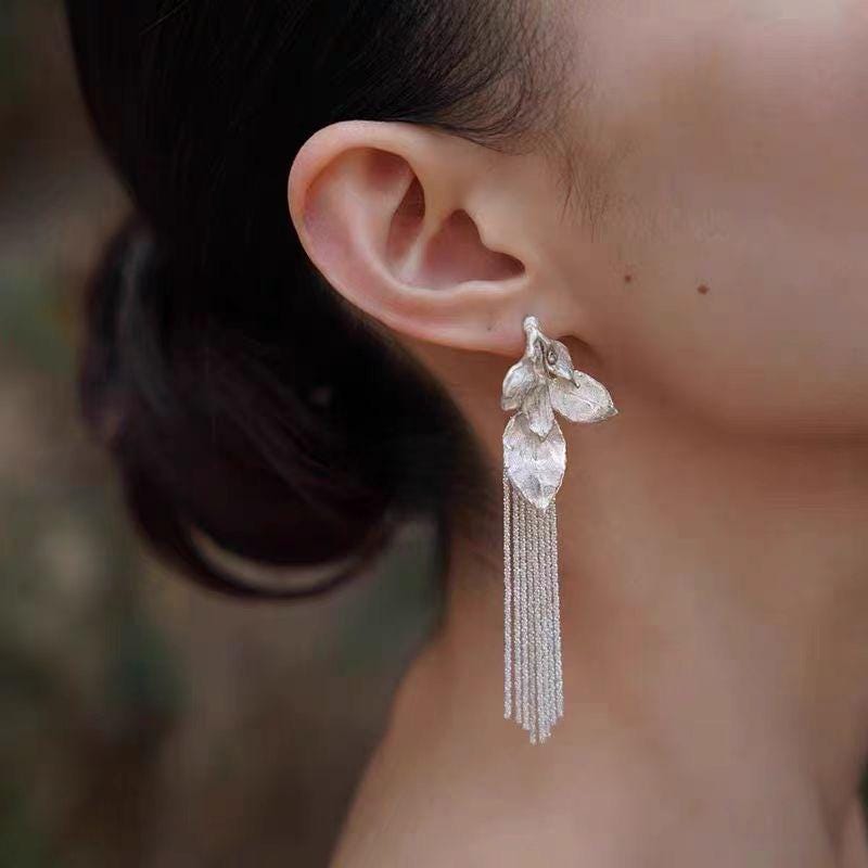 Platinum Plated Silver Leaf Tassel Earrings | Elegant Fringe Drop