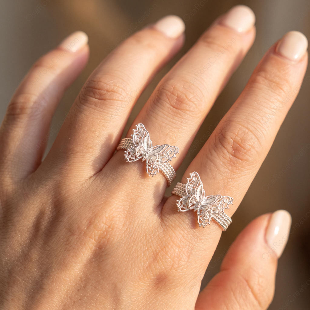 Silver Filigree Butterfly Ring, Lace Openwork Insect Jewelry, Vintage Style Beaded Band Ring, Adjustable Statement Ring, Gift for Her