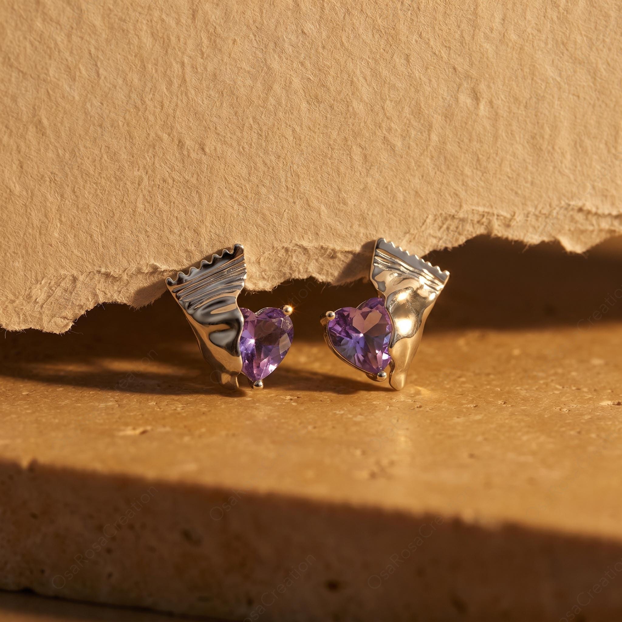 Sterling Silver Crushed Metal Heart Earrings, Purple Gemstone Studs, Unwrapped Candy Design
