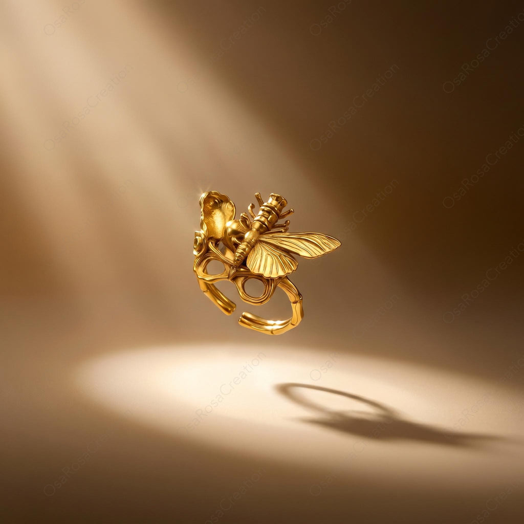 Gold Butterfly Ring, Art Nouveau Insect Jewelry, Botanical Filigree Statement Ring