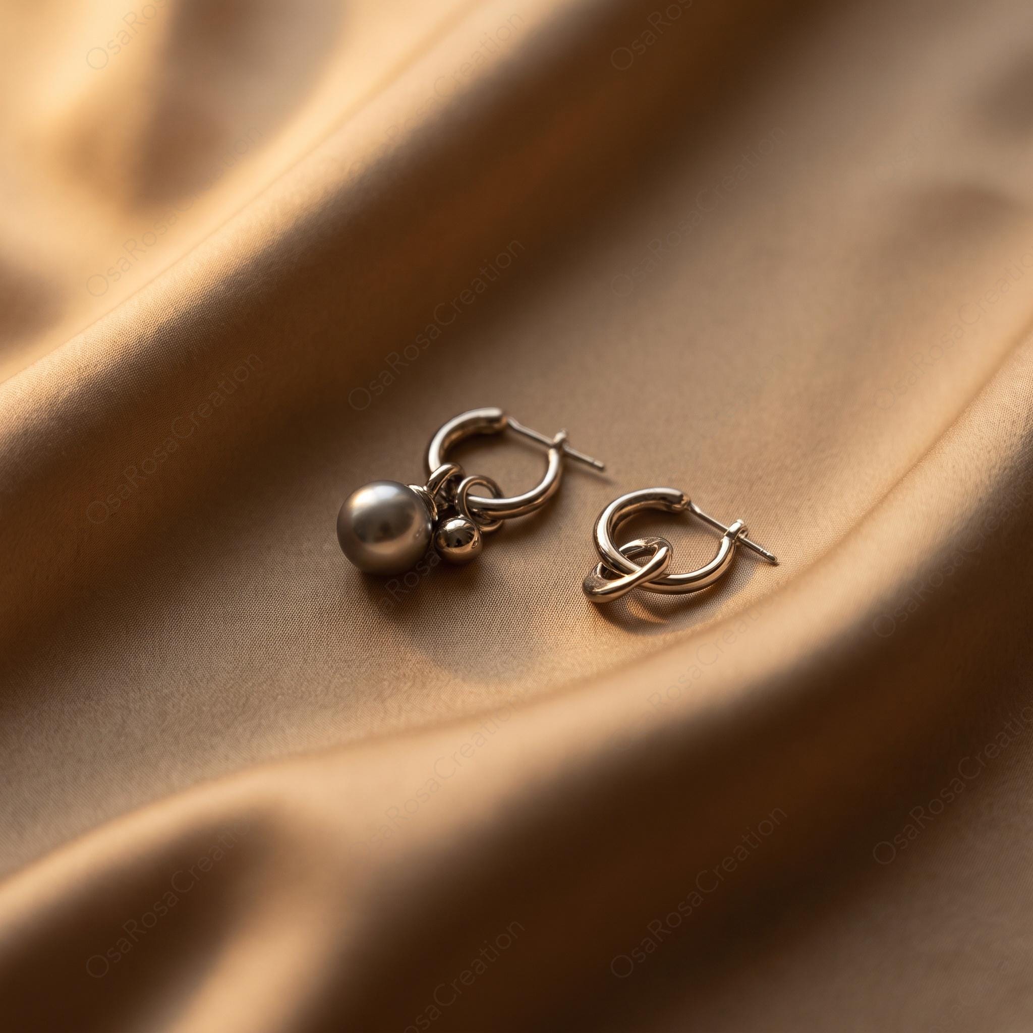 Asymmetrical Silver Hoop Earrings, Fluid Metal Pearl Drop Earrings, Modern Sculptural Jewelry, Mismatched Huggie Hoops