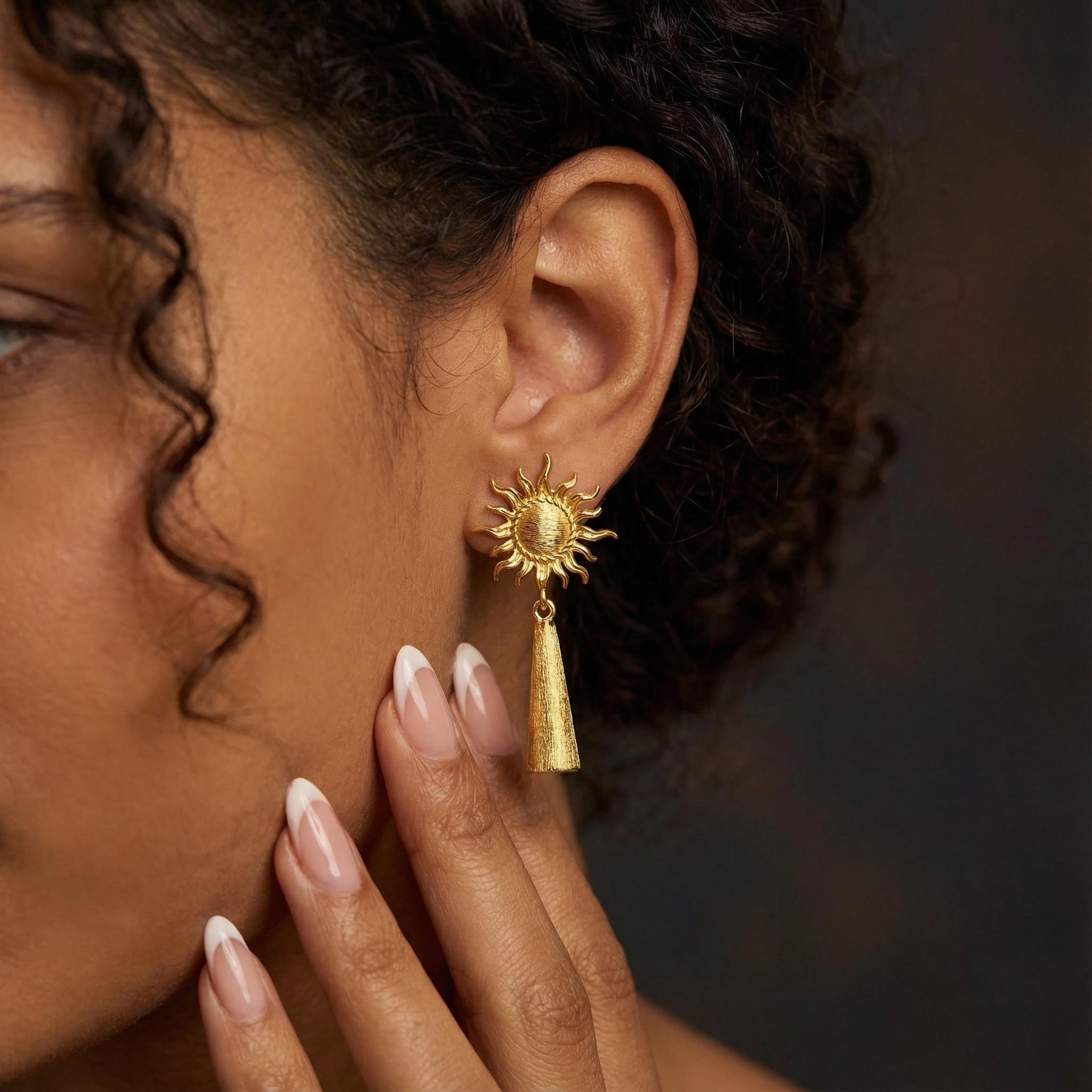 Sun Relic Drop Earrings — Gold Plated Mythology Jewelry