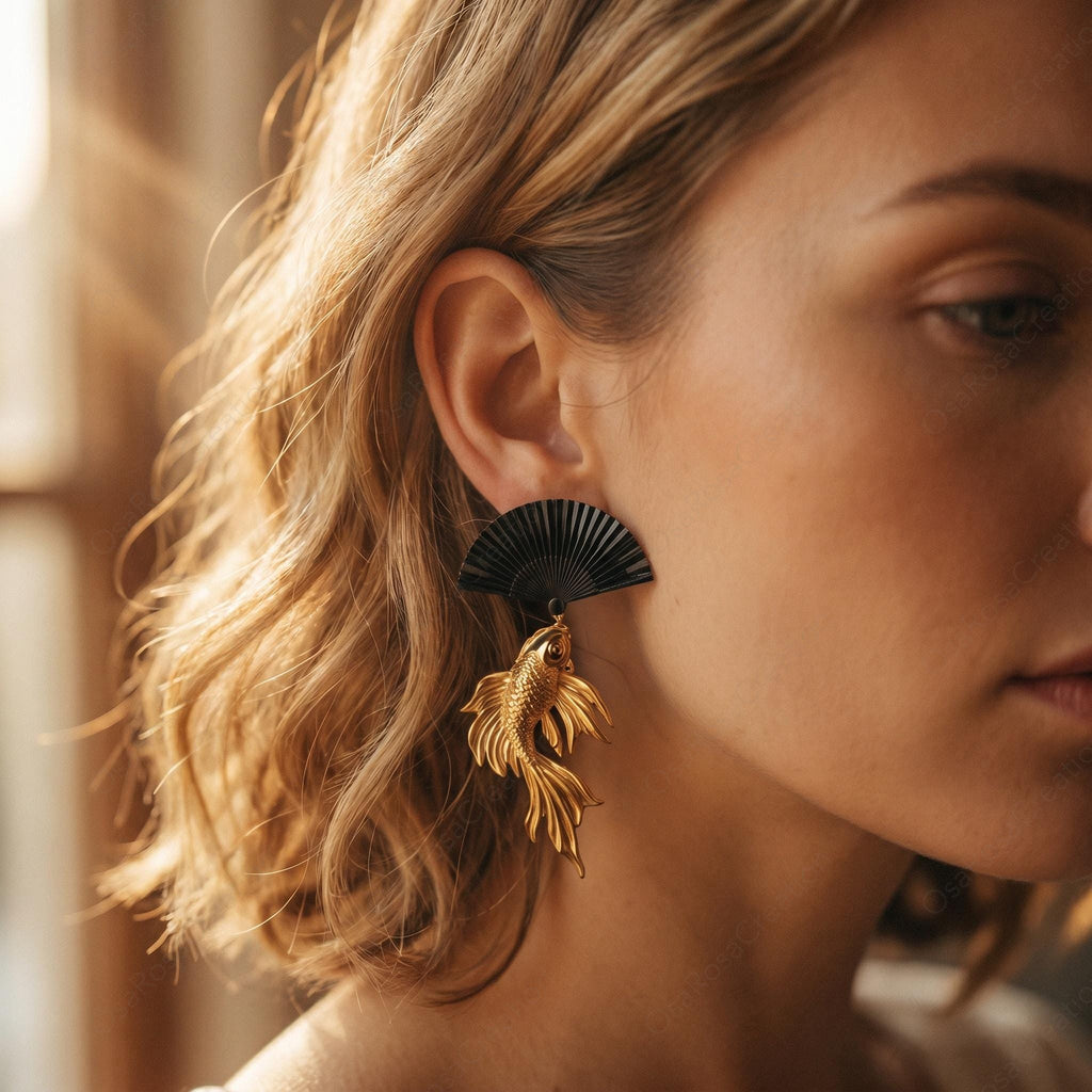 Sculptural Koi Fish Black Fan Earrings, Artistic Gold Oriental Jewelry