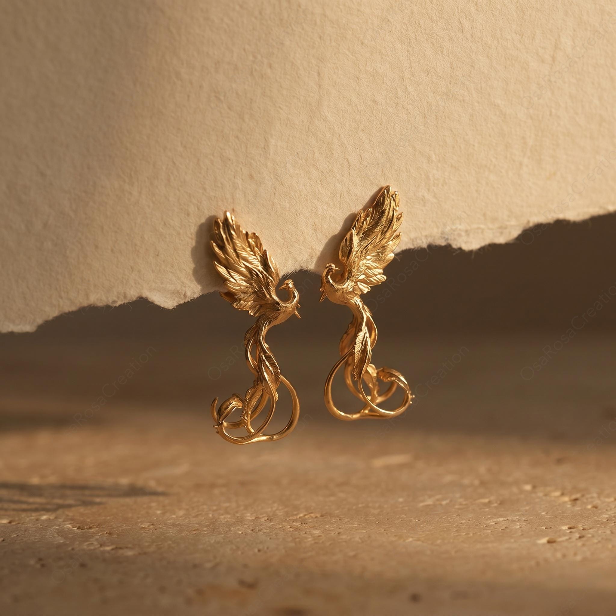 Gold Phoenix Earrings • 18k Plated Brass, S925 Post,Symbol of Rebirth & Strength •New Beginning Gift