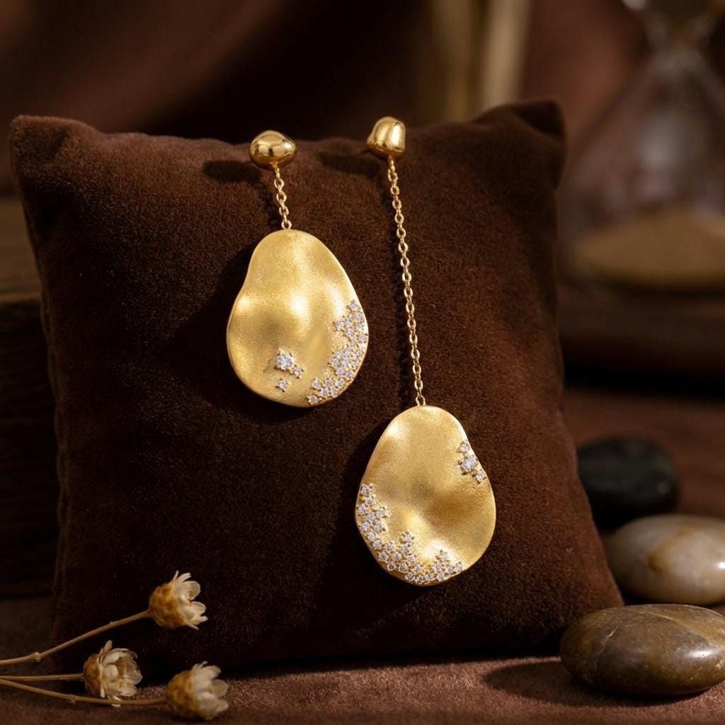 Matte Gold Pebble Dangle Earrings • Stardust Crystal Asymmetrical Jewelry